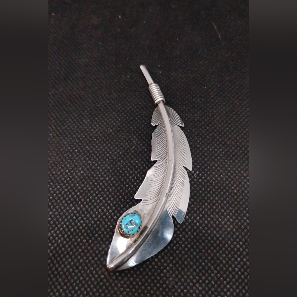 Silver Feather Pin/Brooch with Turquoise Accent